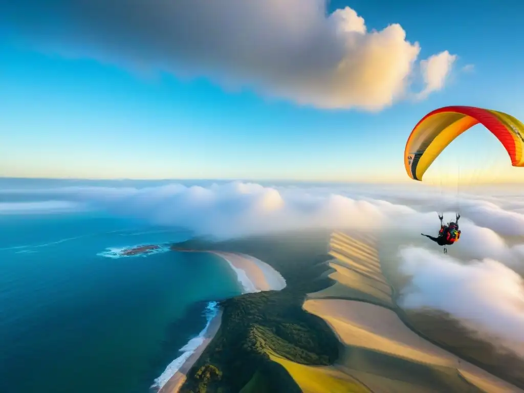 Experiencia auténtica de parapente en Uruguay: parapentista sobrevolando la costa, cielo azul y sol dorado al atardecer