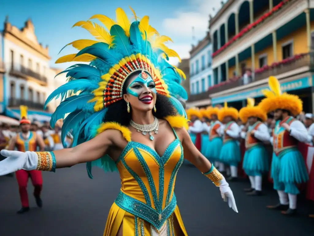 Experiencia carnaval Uruguay exclusiva: Desfile vibrante de carnaval en Uruguay con bailarines y trajes coloridos