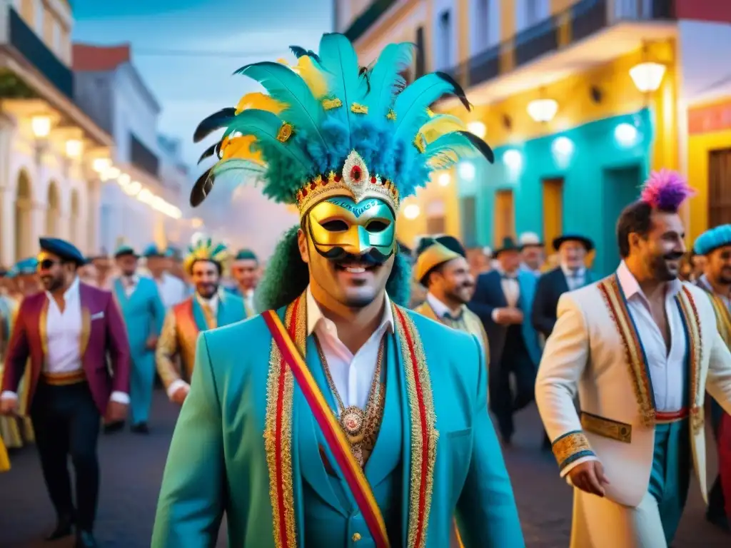 Experiencia carnaval Uruguay exclusiva: Grupo elegante bailando en desfile con trajes tradicionales y coloridas plumas