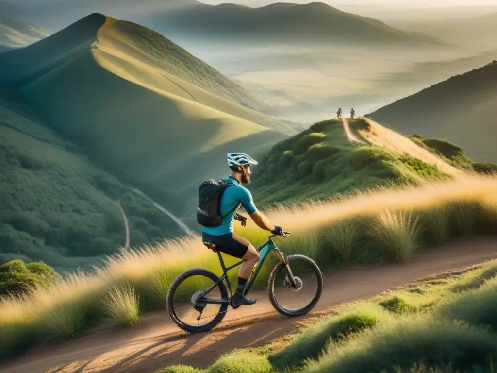 Experiencia de ciclismo de montaña en Uruguay: ciclistas meditando al amanecer en la naturaleza serena