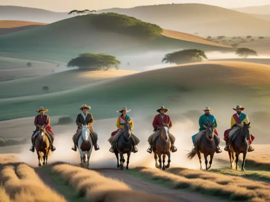 Experiencia cultural gaucho Uruguay: Gauchos a caballo en las vastas pampas, exudando libertad y ruggedness bajo el sol dorado