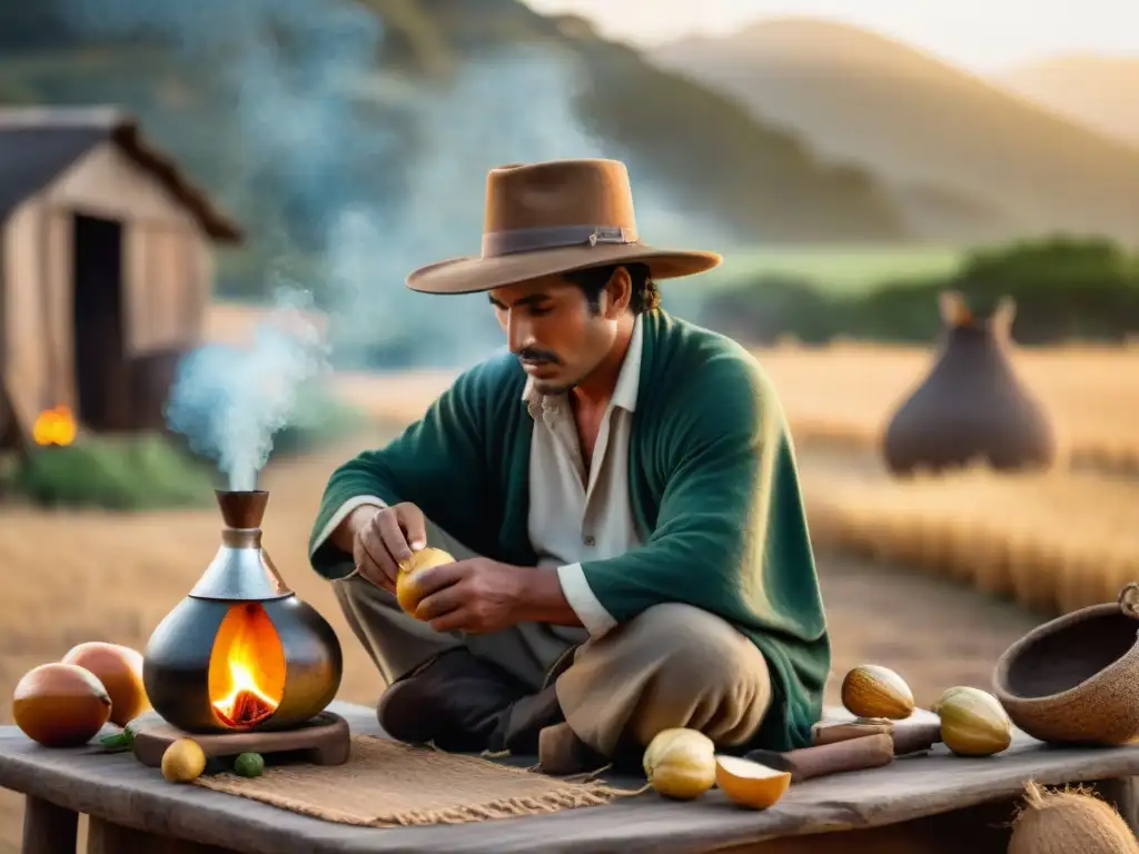 Experiencia cultural mate Uruguay: Un gaucho uruguayo prepara mate al atardecer en el campo