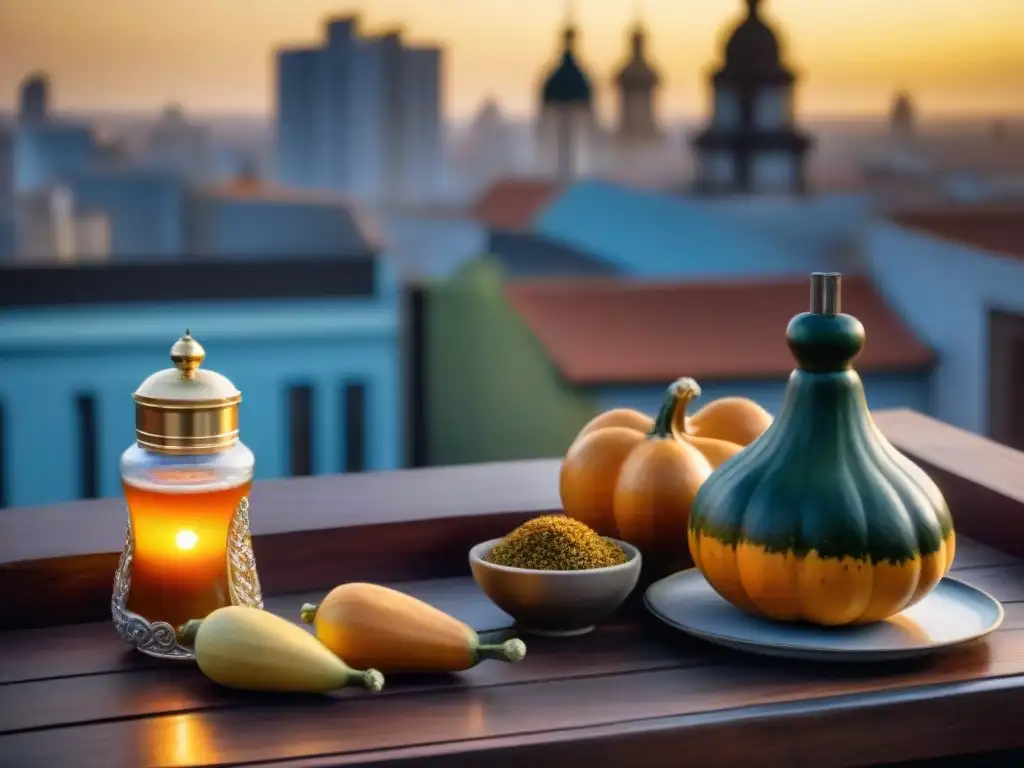 Experiencia cultural mate en Uruguay: Terraza lujosa con mesa, mate, dulces y salados, bañada por cálida luz dorada al atardecer