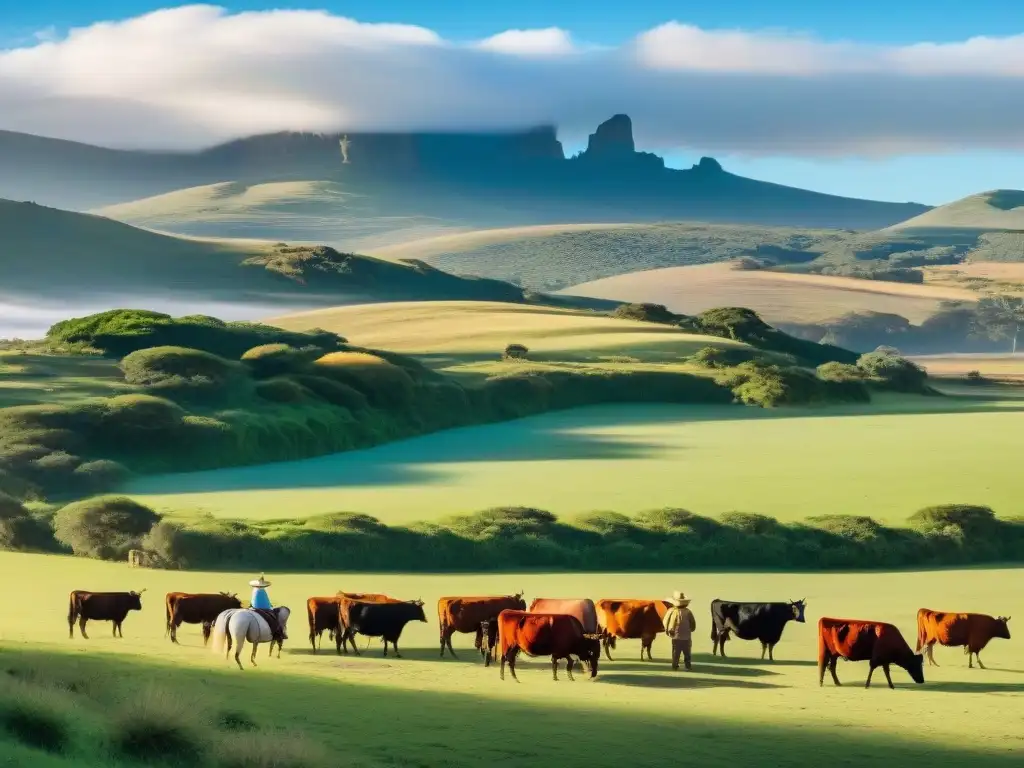 Experiencia estancia rural Uruguay: Paisaje de estancia tradicional con verdes colinas, ganado y gauchos a caballo