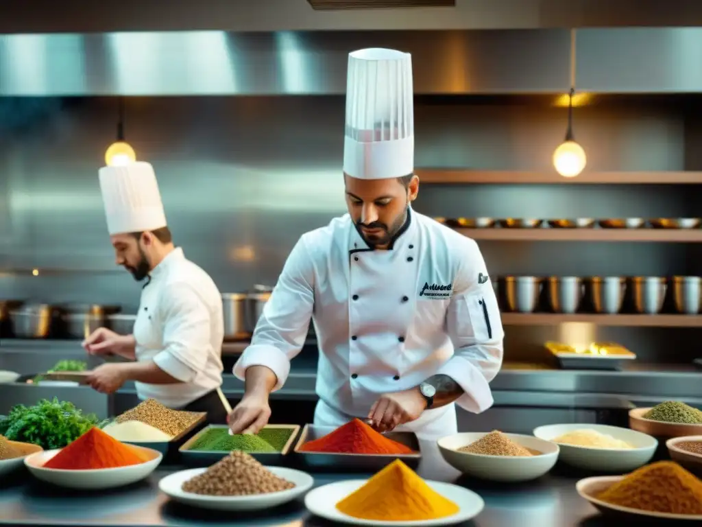 Experiencia gastronómica en hotel boutique: Cocina vibrante y llena de energía con chefs preparando exquisitos platos