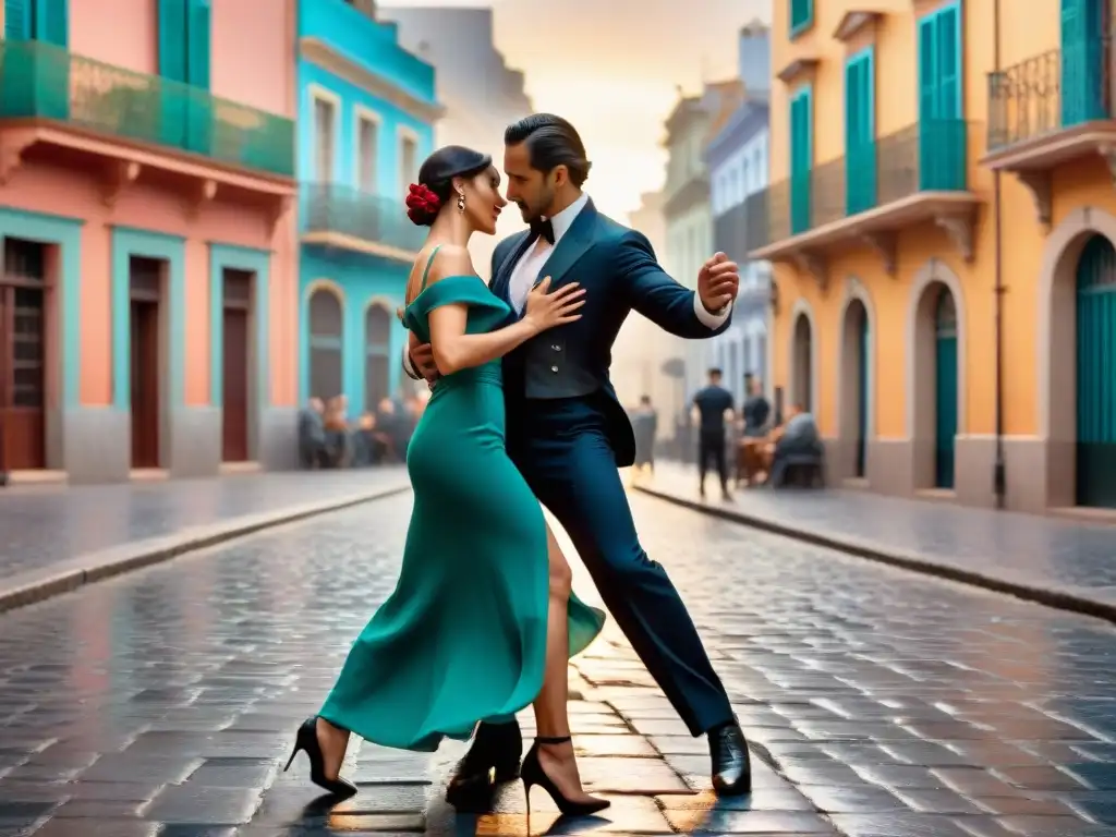 Experiencia inmersiva del tango en Uruguay: Pareja de bailarines de tango danzando apasionadamente en las calles de Montevideo