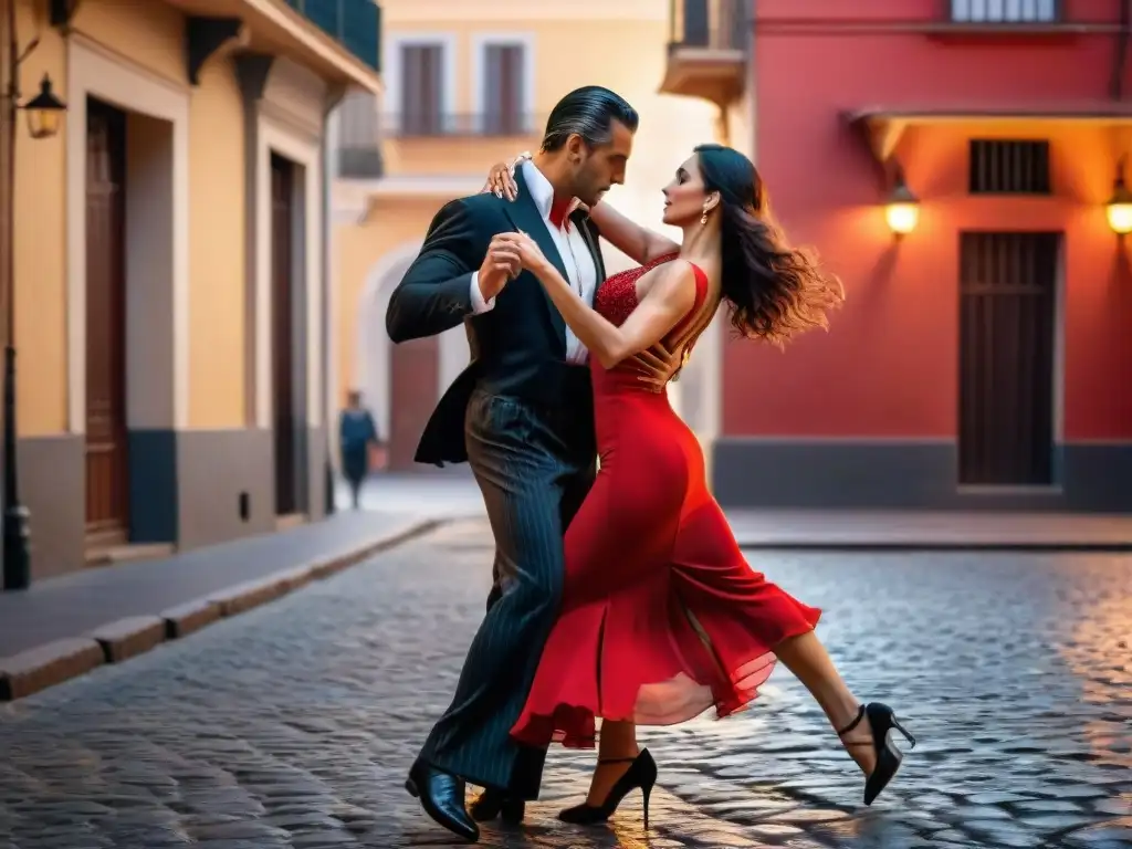 Experiencia inmersiva del tango Uruguay en las calles de Montevideo: pareja apasionada bailando al atardecer