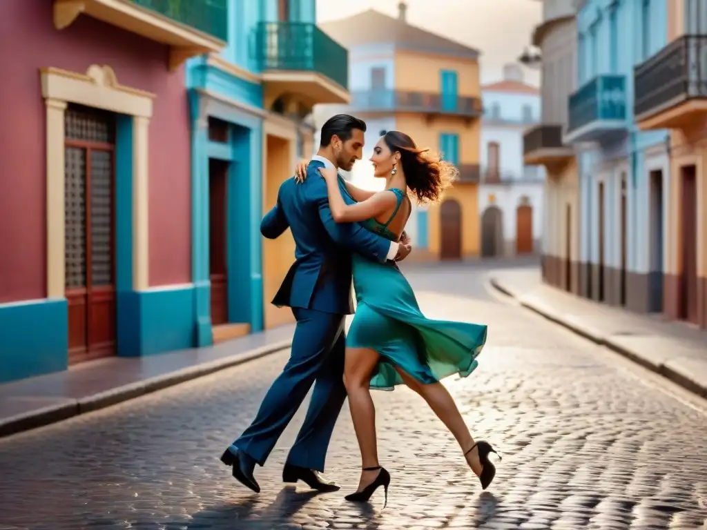 Una experiencia inmersiva de tango en Uruguay: pareja bailando en calles empedradas de Montevideo, con elementos de realidad aumentada