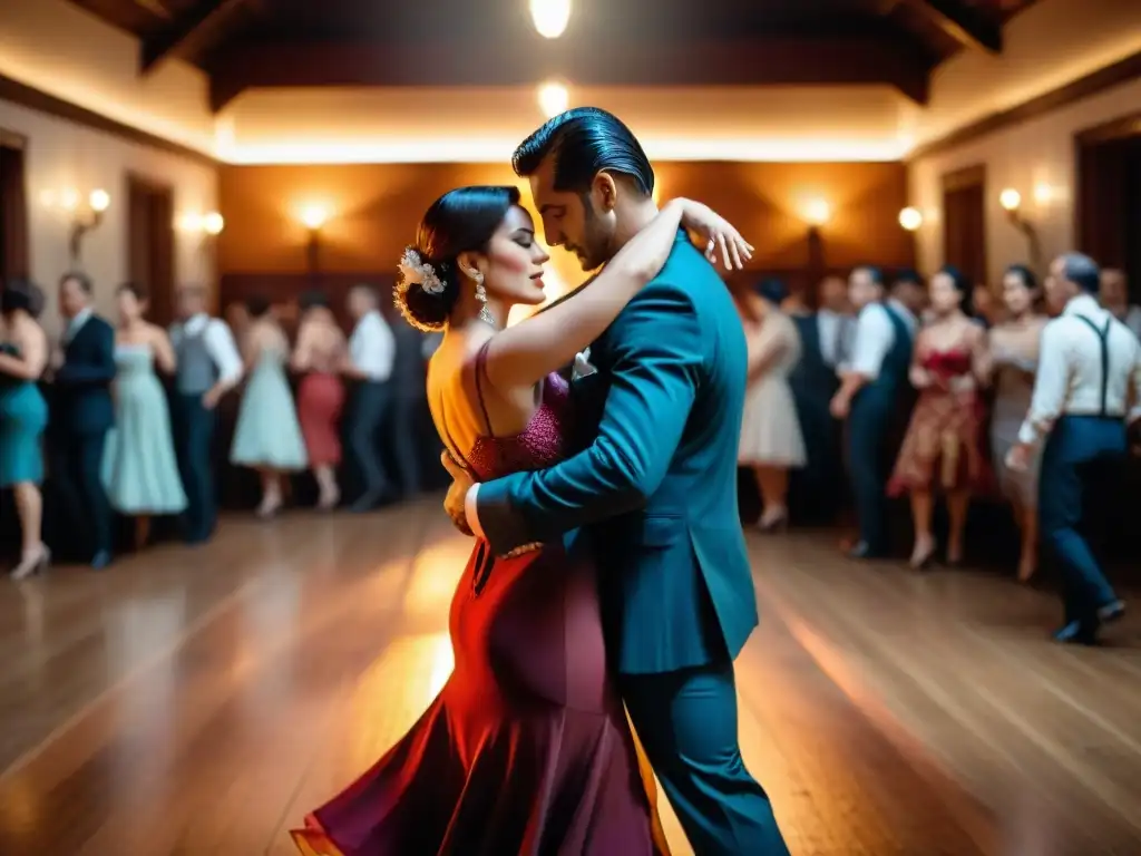 Experiencia inmersiva del tango en Uruguay: Parejas elegantes bailan con pasión en una milonga tradicional uruguaya