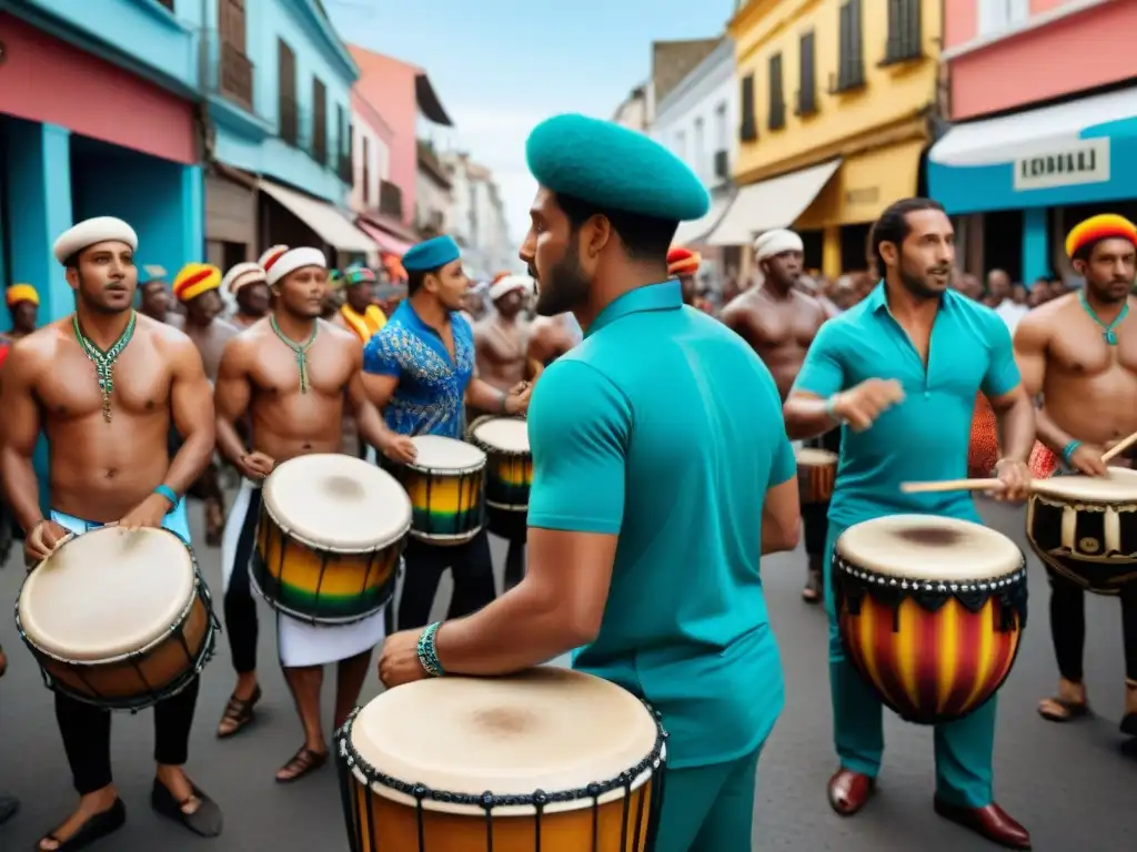 Experiencia musical afrouruguaya en Uruguay: Grupo de tamborileros vibrantes tocando en desfile callejero