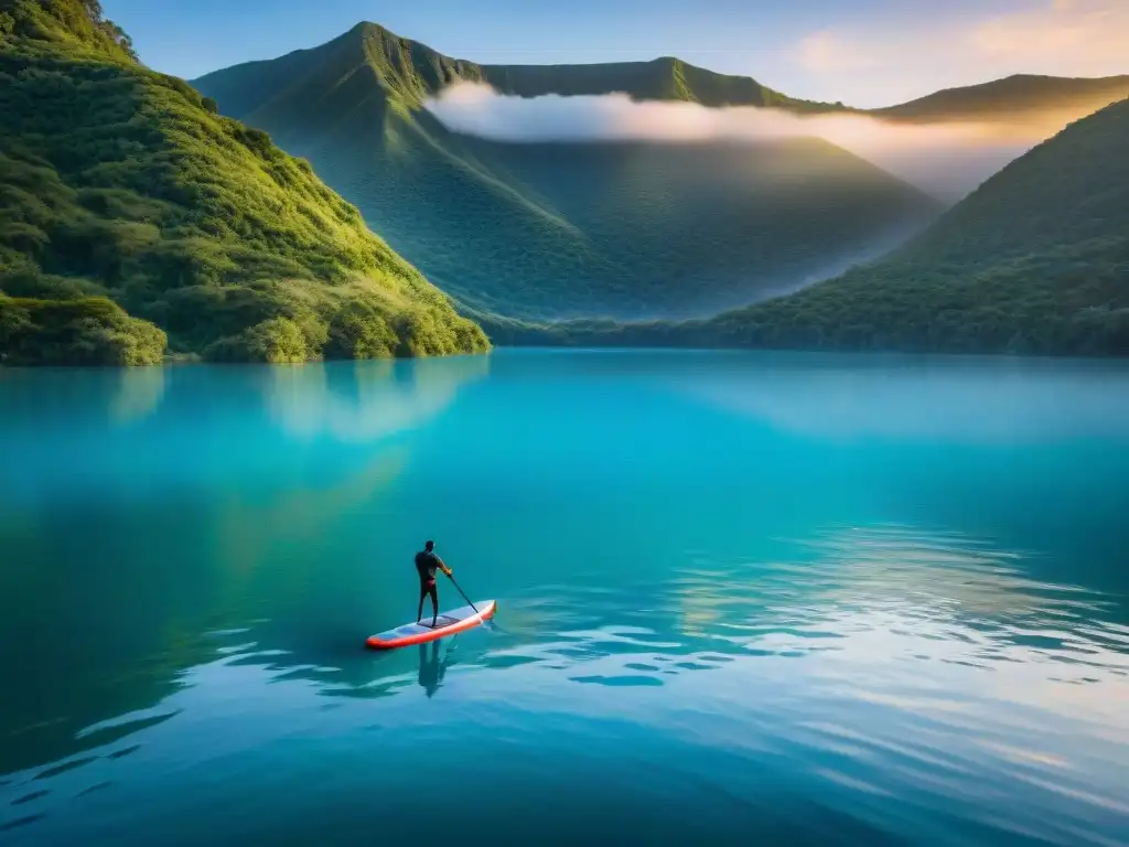 Experiencia de paddleboarding en Laguna Garzón al atardecer, reflejos en aguas tranquilas con montañas al fondo