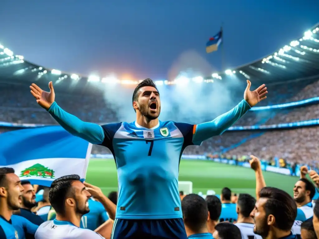 Apasionados hinchas de fútbol uruguayos en estadio Experiencia fútbol Uruguay auténtica: La pasión de los hinchas en un estadio, colores nacionales y banderas ondeando con entusiasmo