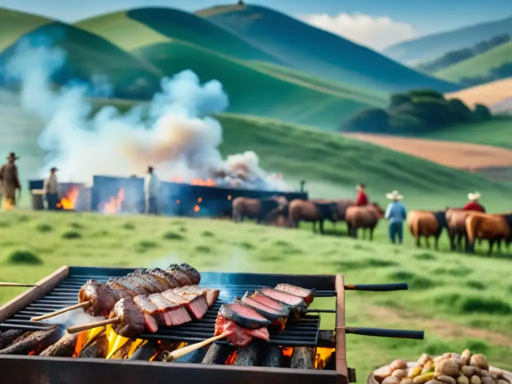 Experiencia de sabores del interior uruguayo: gauchos asando carne en un asado campestre