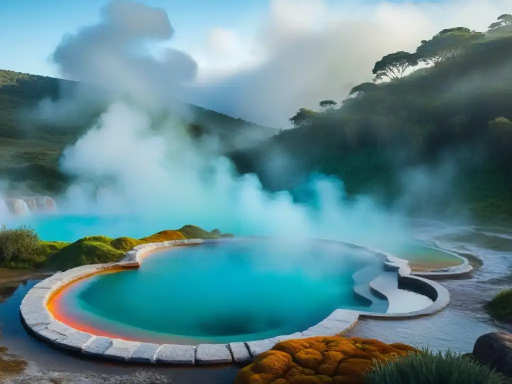 Experiencia en Termas Uruguayas: formaciones minerales y colores vibrantes en las aguas termales, con visitantes entre la neblina