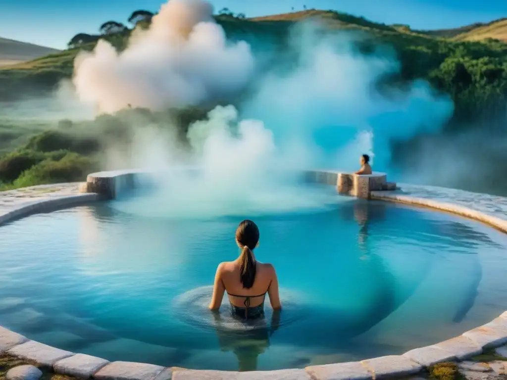 Experiencia en Termas Uruguayas: mosaicos, aguas termales y naturaleza exuberante bajo un cielo azul