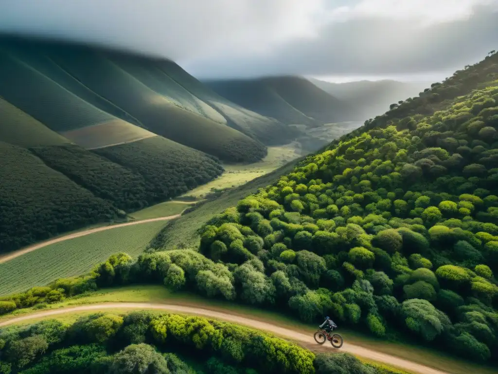 Experiencia única de ciclismo de montaña en Uruguay, senderos serpenteantes entre montañas verdes