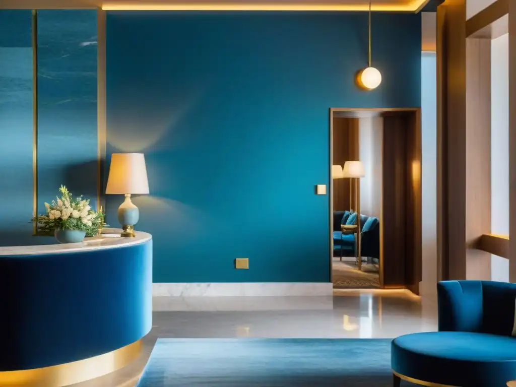 Experiencia única en hoteles boutique Uruguay: lobby elegante con muebles modernos, paleta de colores chic y atmósfera sofisticada