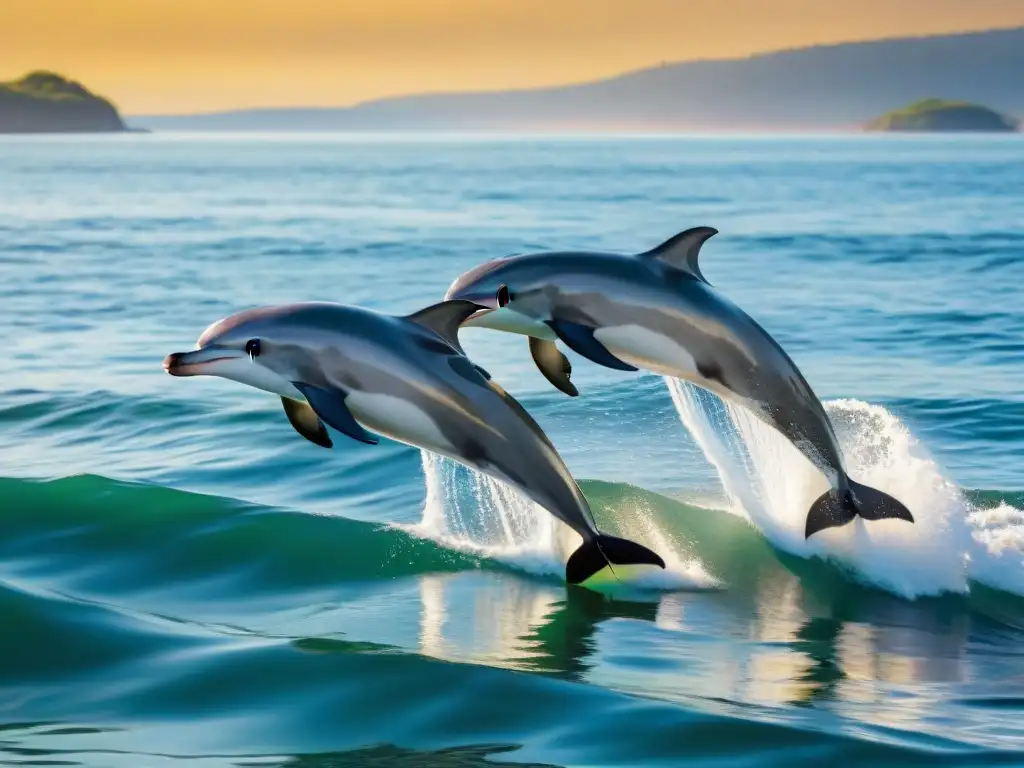 Experiencia de viaje inolvidable: manada de delfines jugando en el Río de la Plata al atardecer