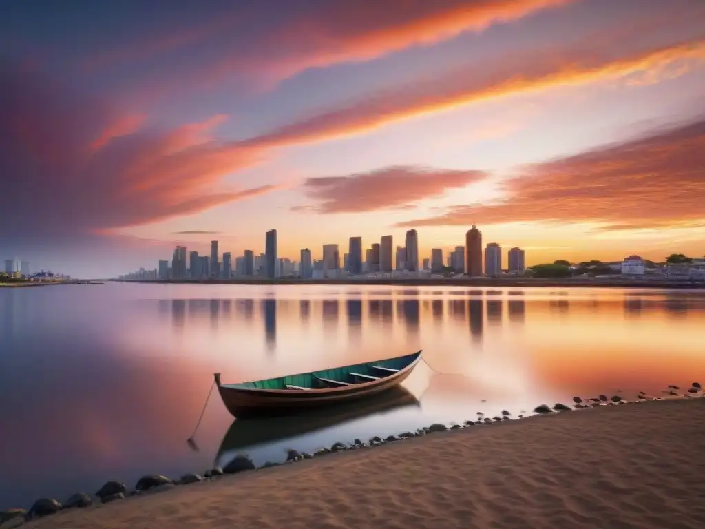 Una experiencia de viaje inolvidable en el Río de la Plata, con un barco de madera silueteado contra un majestuoso atardecer vibrante