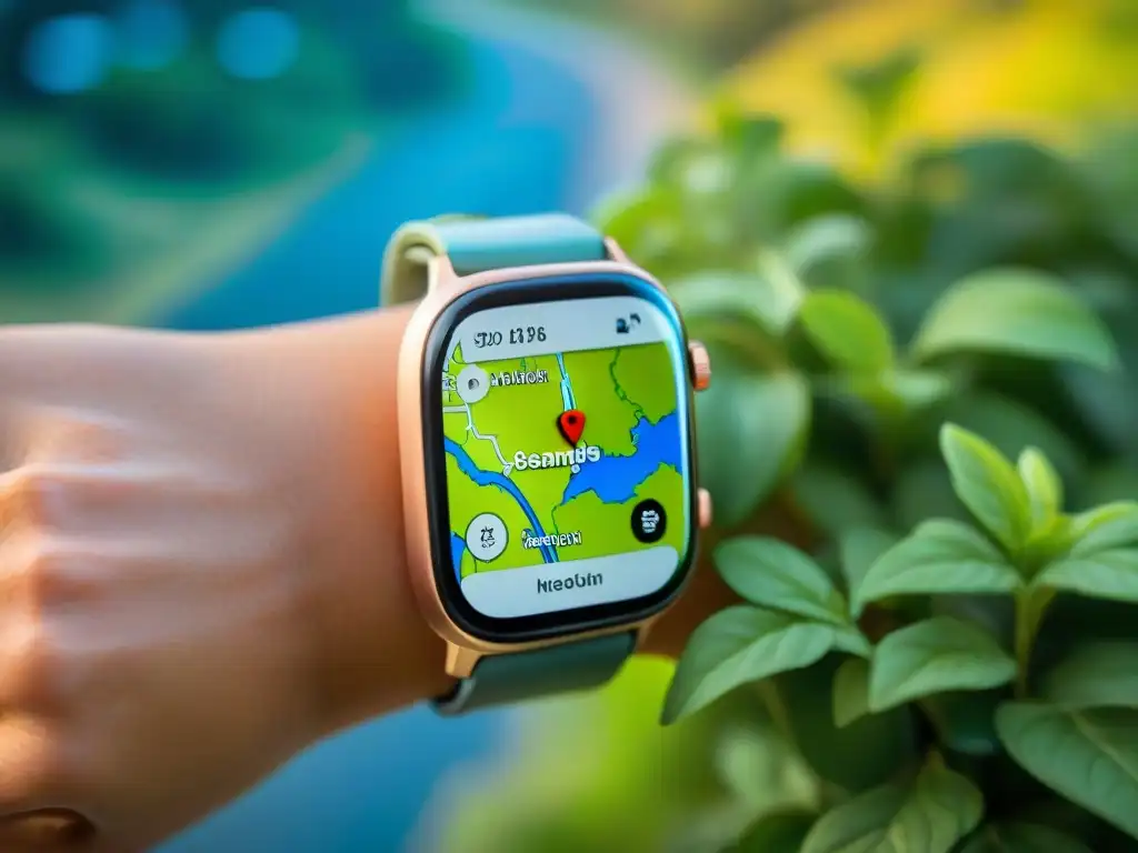 Explora Uruguay: Mapa inteligente y notificaciones en tiempo real Experiencia de viaje por Uruguay en un smartwatch, mostrando mapa detallado y notificaciones útiles