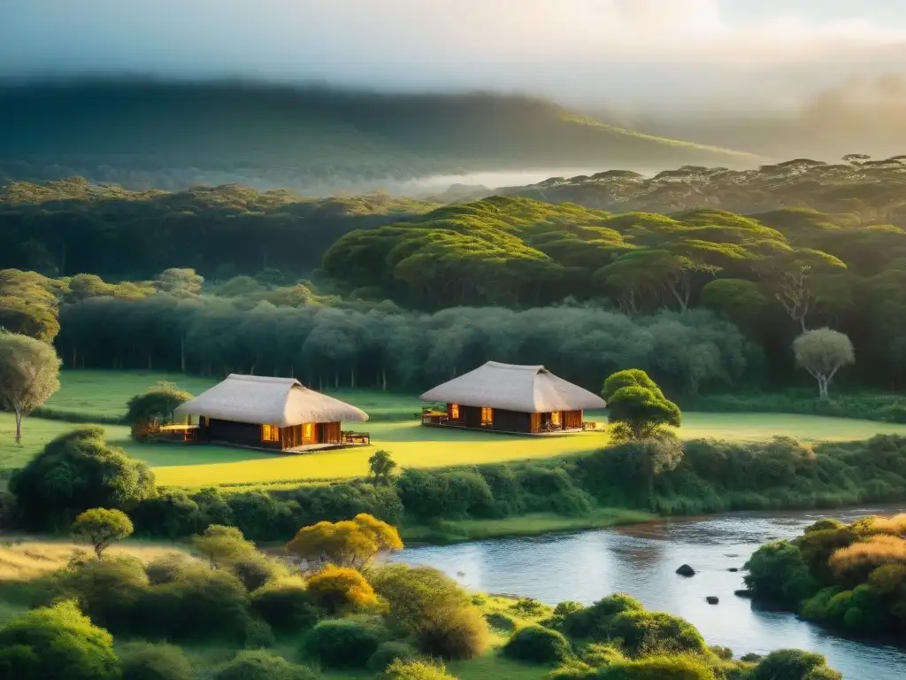 Experiencia de viaje sostenible en Uruguay: ecolodge acogedor entre exuberante vegetación nativa y río sereno al atardecer