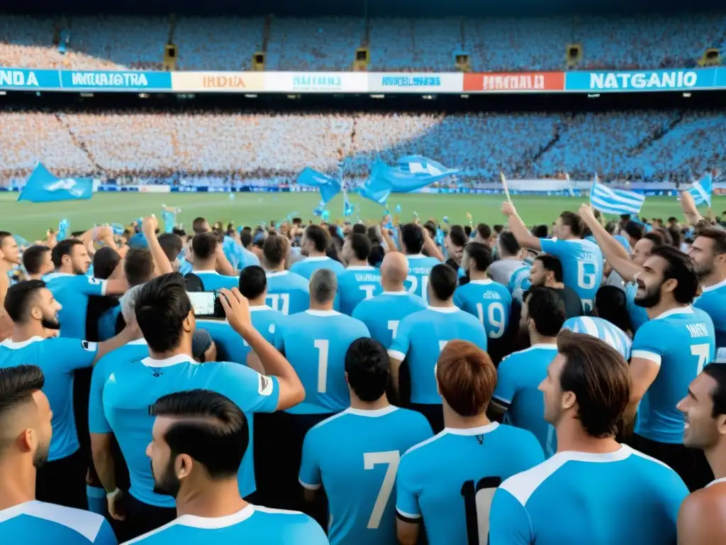 Apasionada hinchada celeste en el Estadio Centenario Experiencia fútbol Uruguay auténtica: Afición vibrante en Estadio Centenario, Montevideo, con camisetas celestes y banderas ondeando