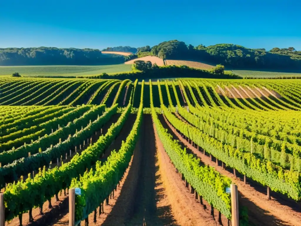 Experiencia virtual en viñedos uruguayos: una vista exuberante de un viñedo con filas de uvas y un cielo azul claro