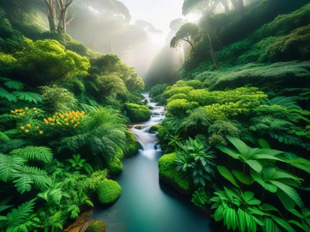 Experiencias auténticas de ecoturismo en Uruguay: exuberante bosque verde con flora y fauna nativa alrededor de un arroyo cristalino