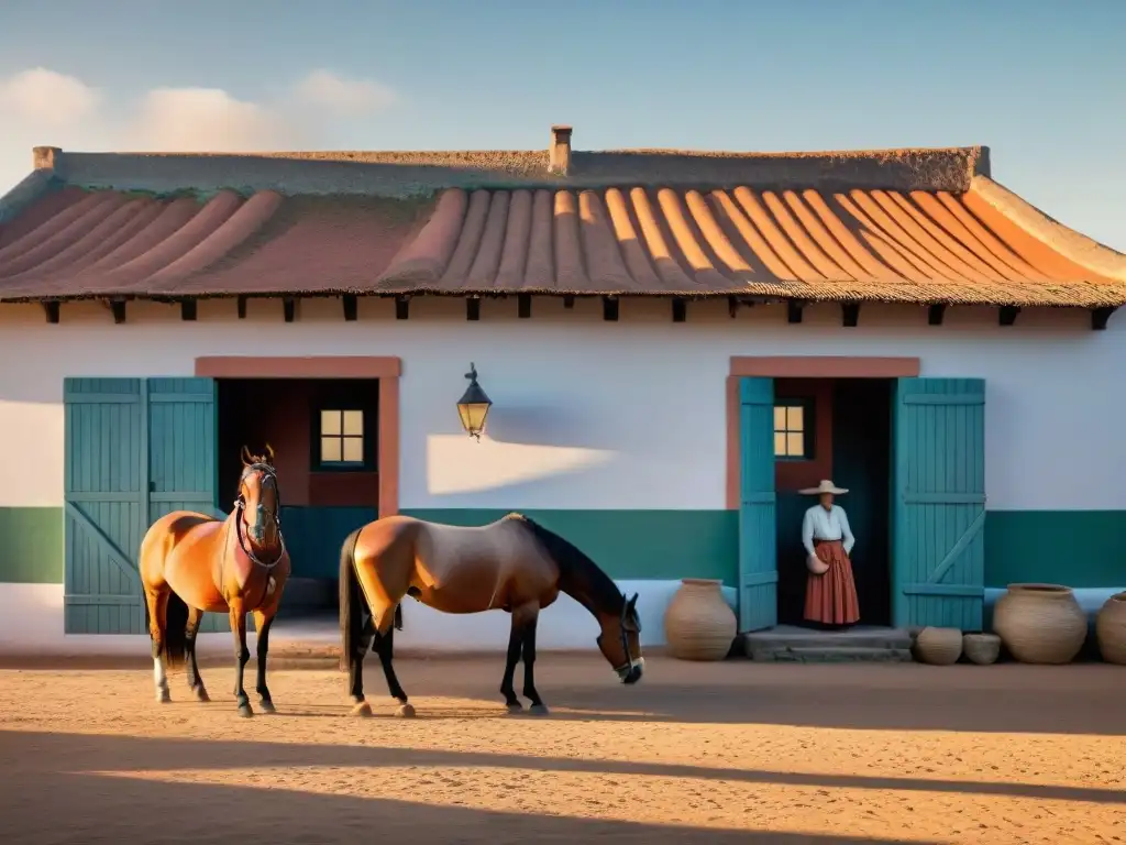 Experiencias auténticas en Uruguay: Detalle de una estancia tradicional con gauchos y paisaje campestre al atardecer