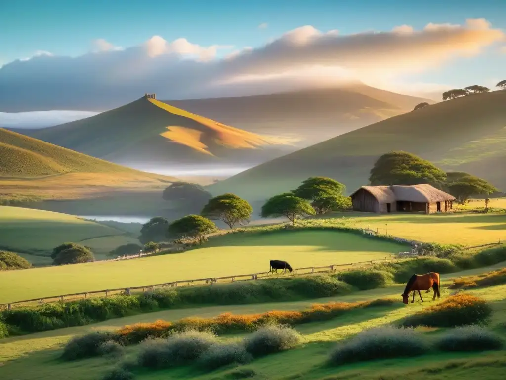 Experiencias auténticas en estancias uruguayas: Atardecer en estancia, gauchos a caballo y paisaje campestre