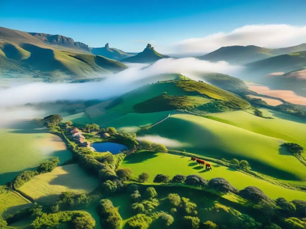 Experiencias auténticas en estancias uruguayas: paisaje verde con ganado pastando bajo cielo azul