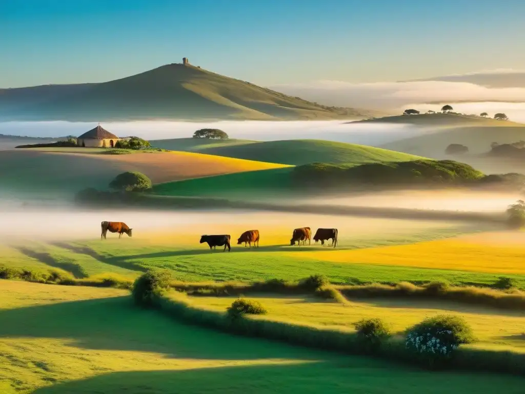 Experiencias auténticas en estancias uruguayas: amanecer sereno en el campo con gauchos, ganado y flores silvestres