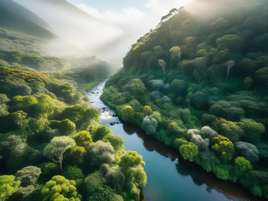 Experiencias auténticas en Uruguay: Bosque exuberante con flora y fauna nativa, arroyo tranquilo y aves coloridas