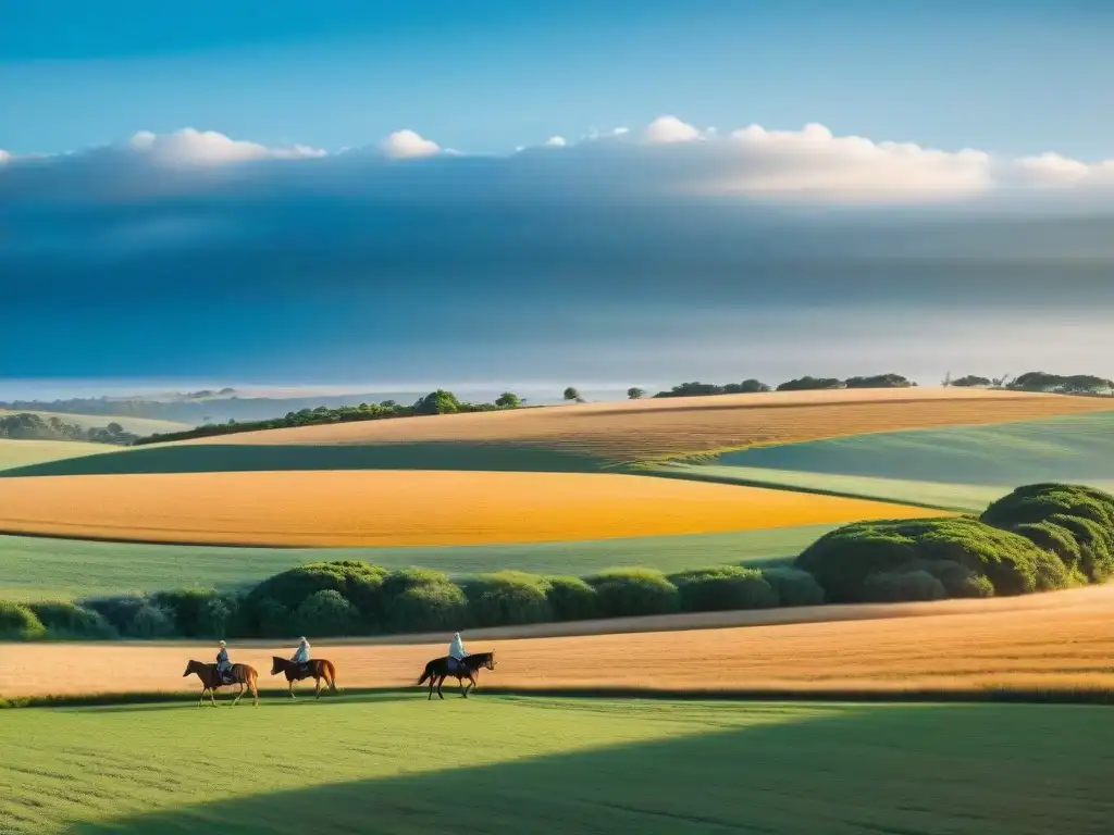 Experiencias auténticas en Uruguay rural: Campo de trigo dorado, gauchos a caballo y estancia al fondo en un día sereno y soleado