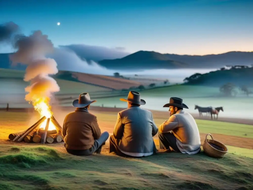 Experiencias auténticas en Uruguay rural: Gauchos compartiendo mate alrededor de un fogón en invierno bajo un cielo estrellado