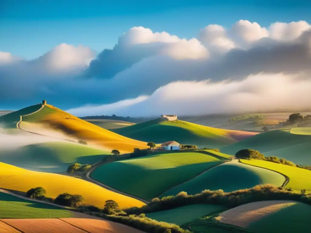 Experiencias auténticas en Uruguay rural: paisaje idílico de colinas, campos, granjas y río bajo cielos azules y nubes blancas