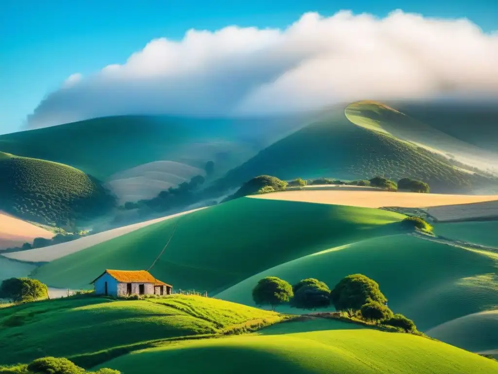 Experiencias auténticas de turismo rural en Uruguay: paisaje campestre con colinas verdes, casas rústicas y ganado bajo un cielo azul