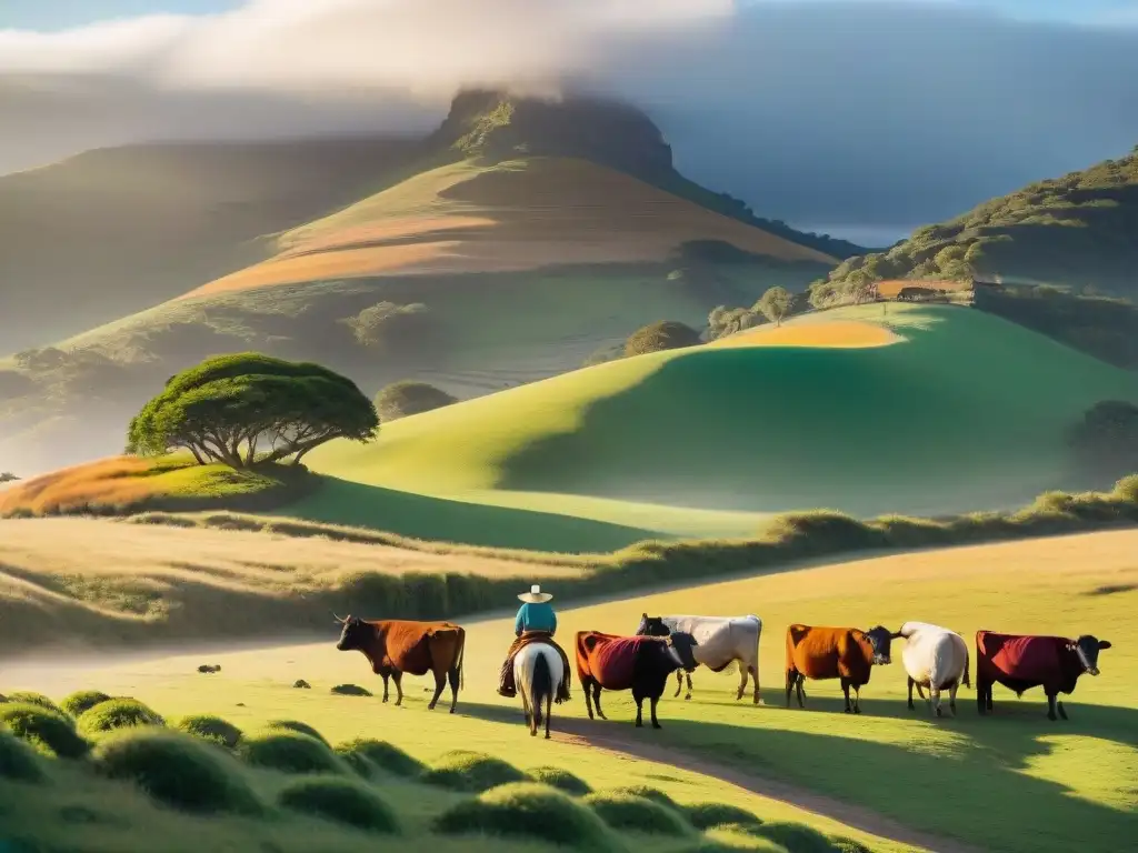 Experiencias autóctonas en cabañas Uruguay: Atardecer en cabaña uruguaya con gaucho y ganado en colinas verdes