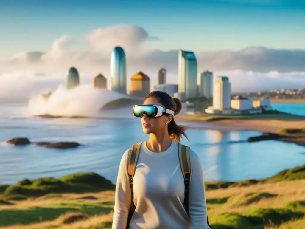 Experiencias de aventura en Uruguay: Viajeros exploran paisajes con gafas de realidad aumentada, fusionando naturaleza y tecnología