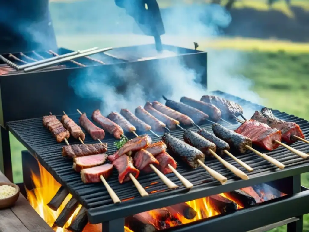 Experiencias gastronómicas auténticas en Uruguay: un asado tradicional al aire libre con cortes de carne sizzling en la parrilla, bajo cielo azul