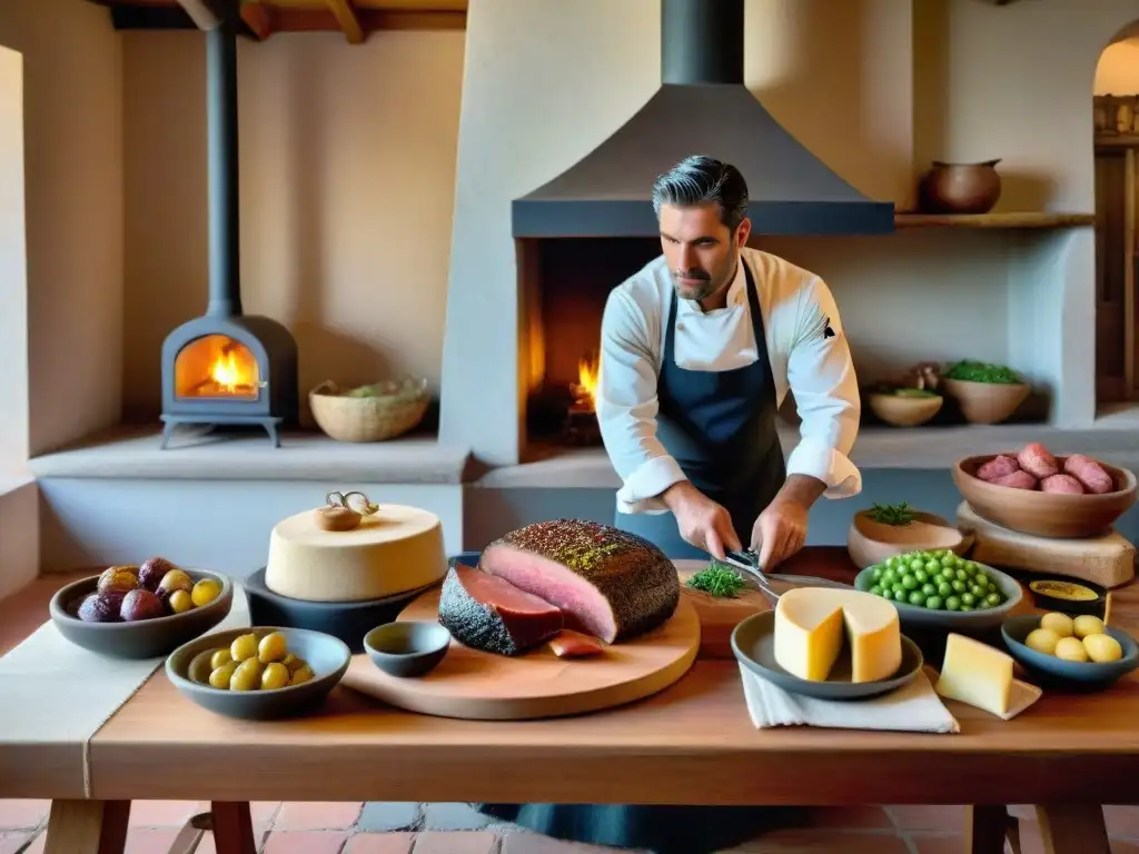 Experiencias gastronómicas de lujo en una cocina de estancia uruguaya, con mesa rústica rebosante de exquisiteces y chef apasionado