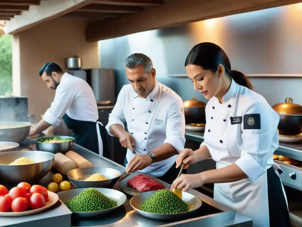 Experiencias gastronómicas de lujo en Uruguay: Cocina de estancia uruguaya tradicional con chefs preparando exquisitos platos