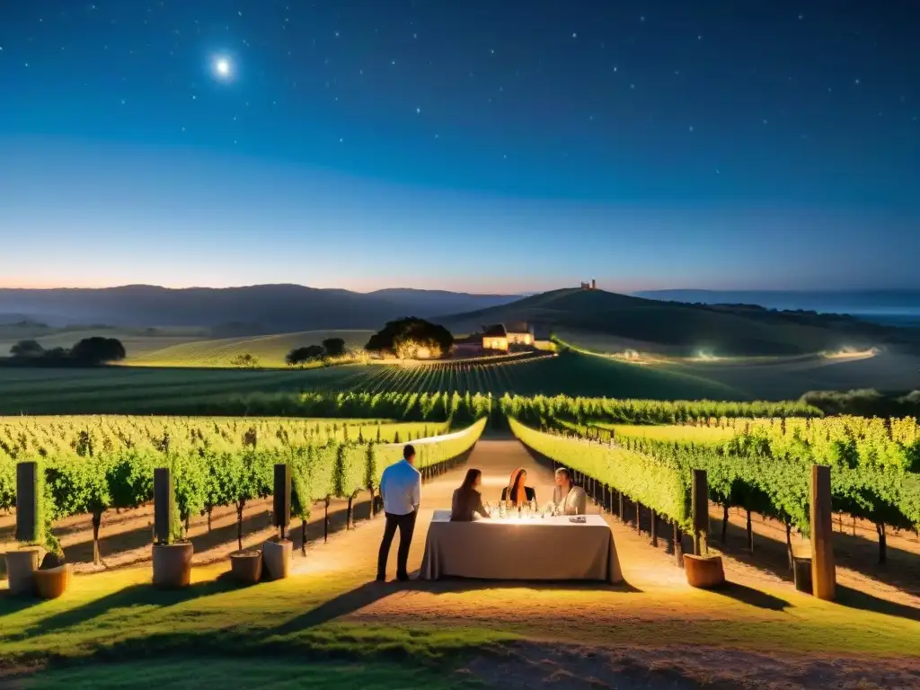 Experiencias nocturnas en bodegas Uruguay: Personas disfrutando de catas de vino bajo el cielo estrellado en un viñedo pintoresco