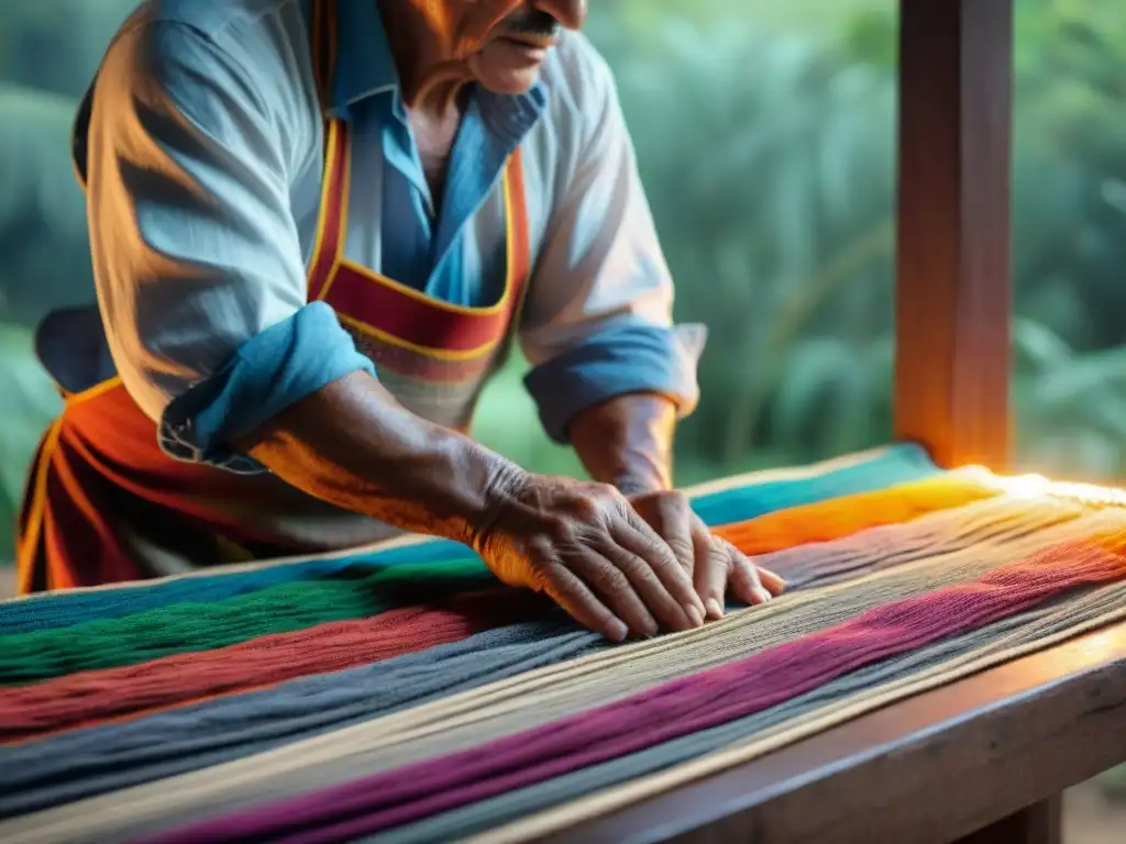 Experiencias sensoriales en cabañas Uruguay: Artesano uruguayo tejiendo textiles en entorno rural al atardecer