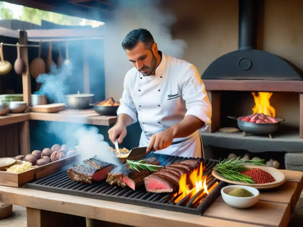 Experiencias sensoriales cabañas Uruguay: Cocina uruguaya tradicional con chef preparando asado