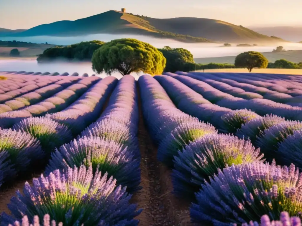 Experiencias en turismo rural en Uruguay: campo de lavanda vibrante con abejas y colinas al fondo