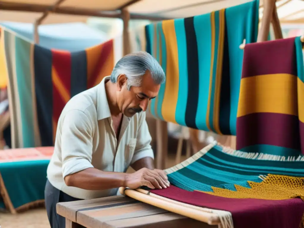 Experiencias únicas en ferias artesanales de Uruguay: artesano tejendo textiles rodeado de colores y texturas vibrantes