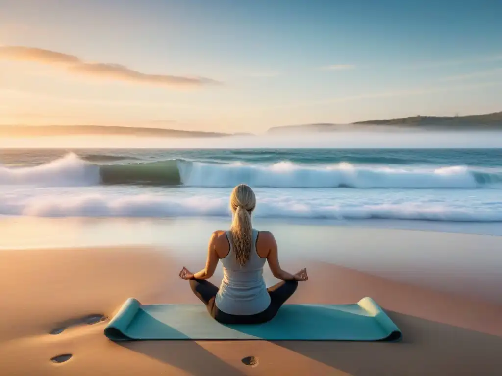 Experiencias únicas de meditación en Uruguay: Amanecer sereno en una playa aislada, con colores pastel y una figura meditando frente al mar