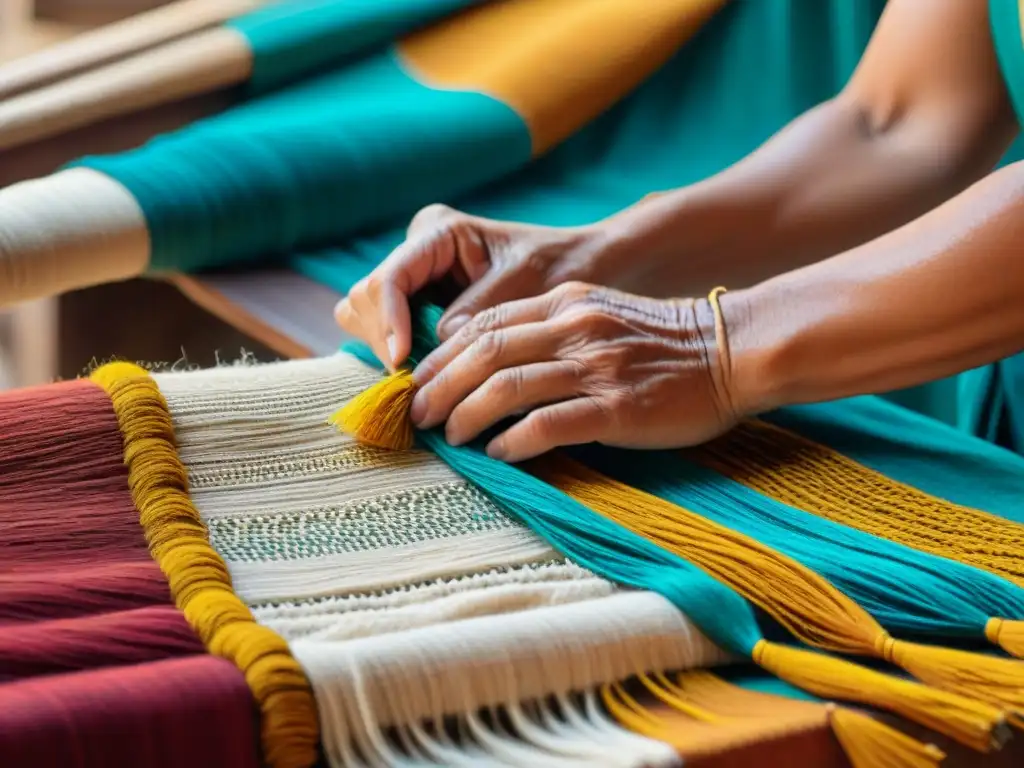 Las experimentadas manos de un artesano uruguayo tejiendo un tapiz tradicional, reflejando la rica cultura de los mercados artesanales en Uruguay