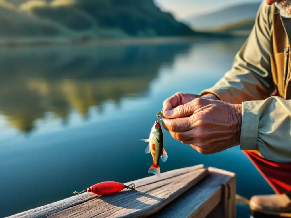 Las experimentadas manos del pescador uruguayo atando un señuelo rojo y blanco junto al lago al atardecer